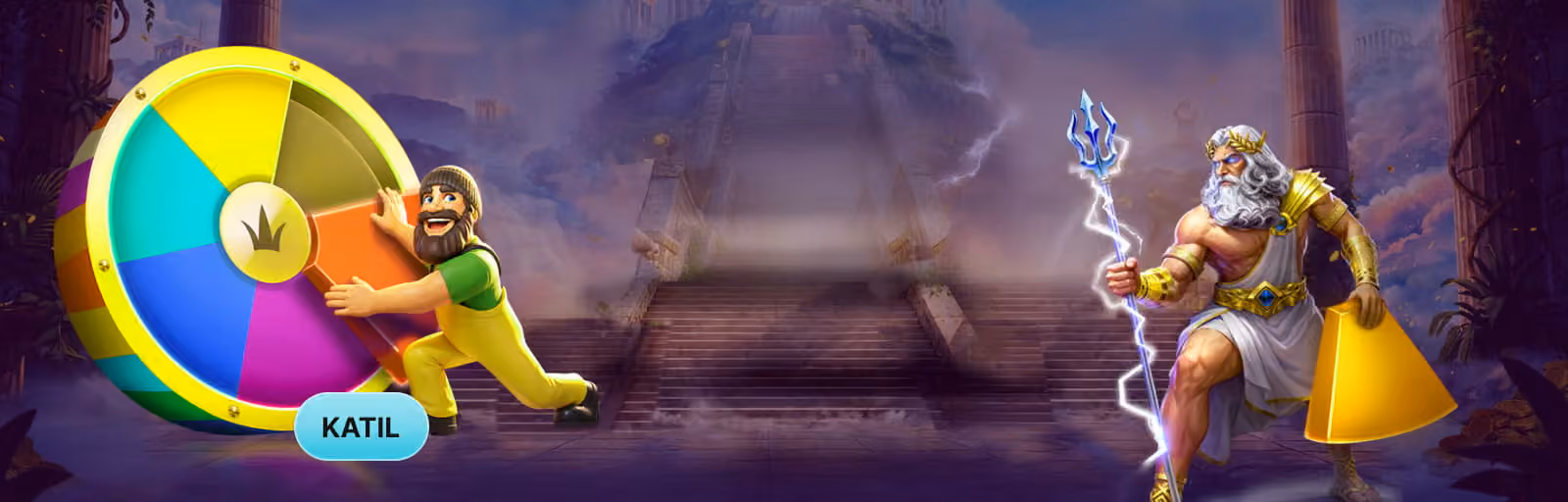 Renkli çarkıfelek, şimşek tutan Zeus ve oyun karakterleri