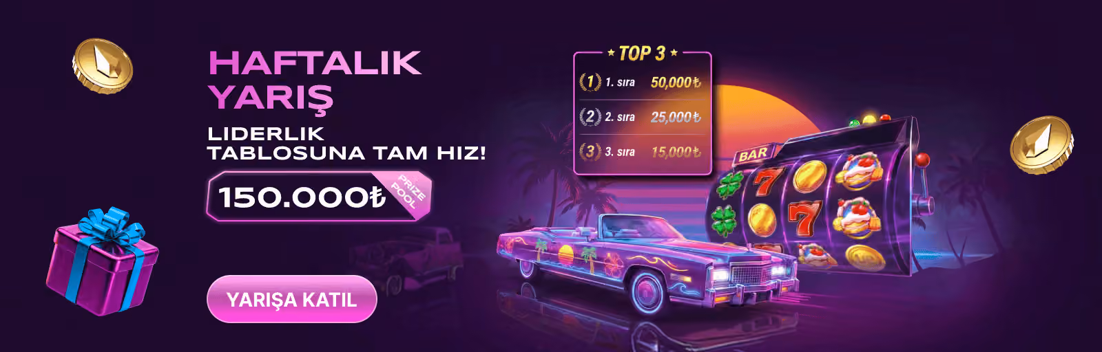 Haftalık Yarış afişi: neon araba, slot makinesi ve TOP 3 ödül tablosu