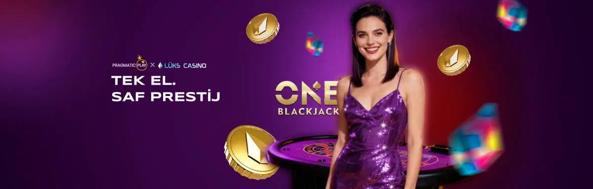 Pragmatic Play Tek El, Saf Prestij afişi: ONE Blackjack masası ve sunucu
