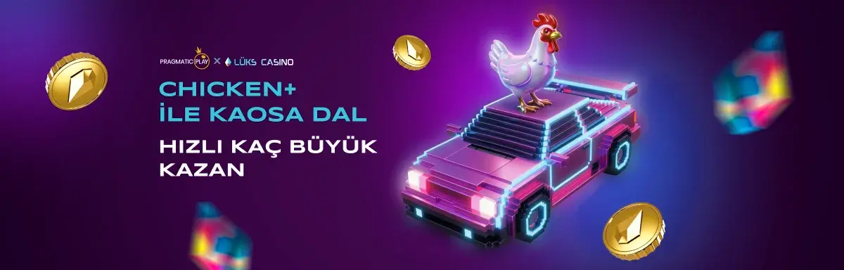 Pragmatic Play Chicken+ afişi: neon araba üstünde tavuk