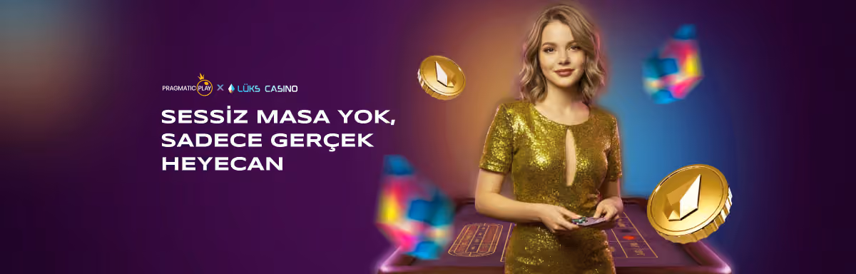 Pragmatic Play Sessiz Masa Yok afişi: altın elbiseli canlı rulet sunucusu