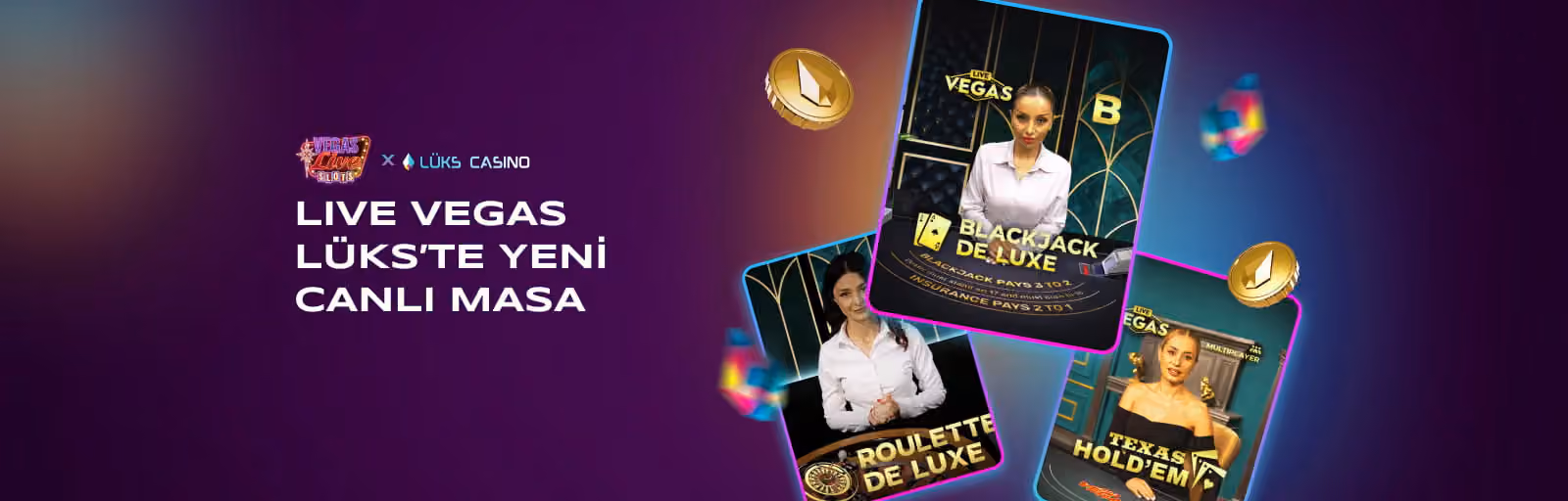 Live Vegas yeni canlı masa afişi: blackjack ve rulet oyun kartları