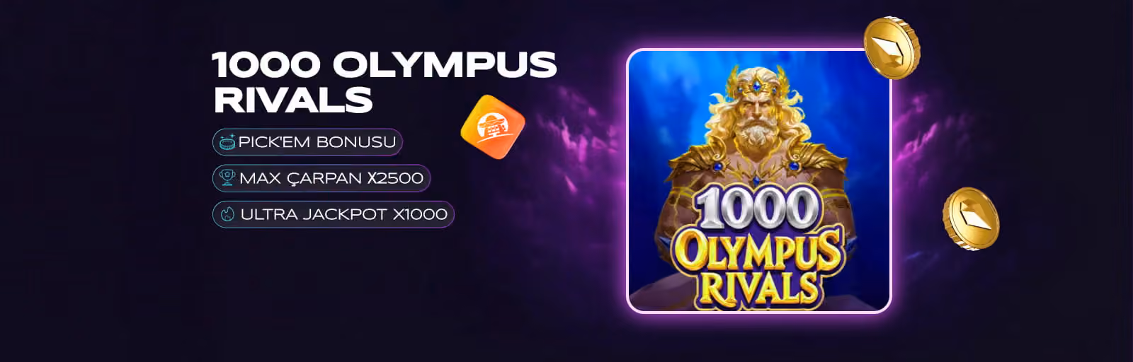 1000 Olympus Rivals afişi: oyun kartı ve altın jetonlar