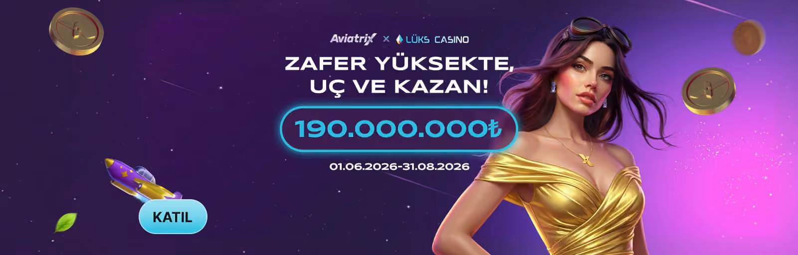 Aviatrix Zafer Yüksekte, Uç ve Kazan afişi: altın elbiseli kadın ve roket