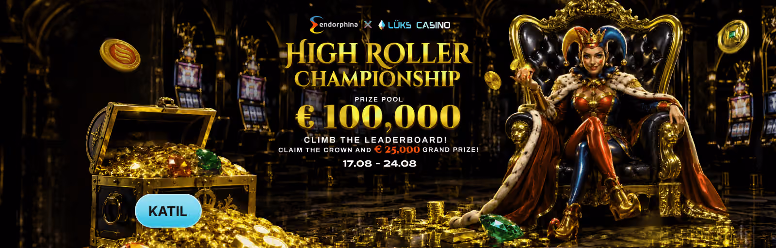 Endorphina High Roller Championship afişi: tahtta oturan kraliçe ve altın sandık