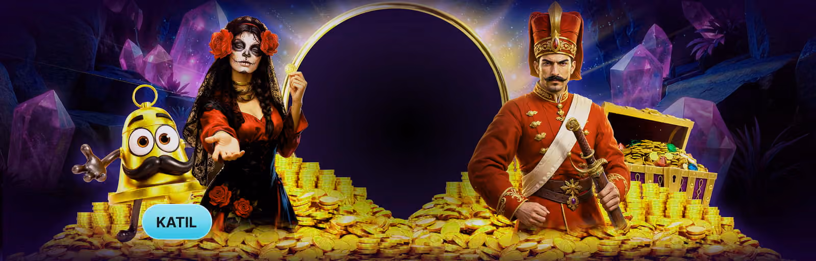 Altın yığınları üzerinde duran slot oyunu karakterleri