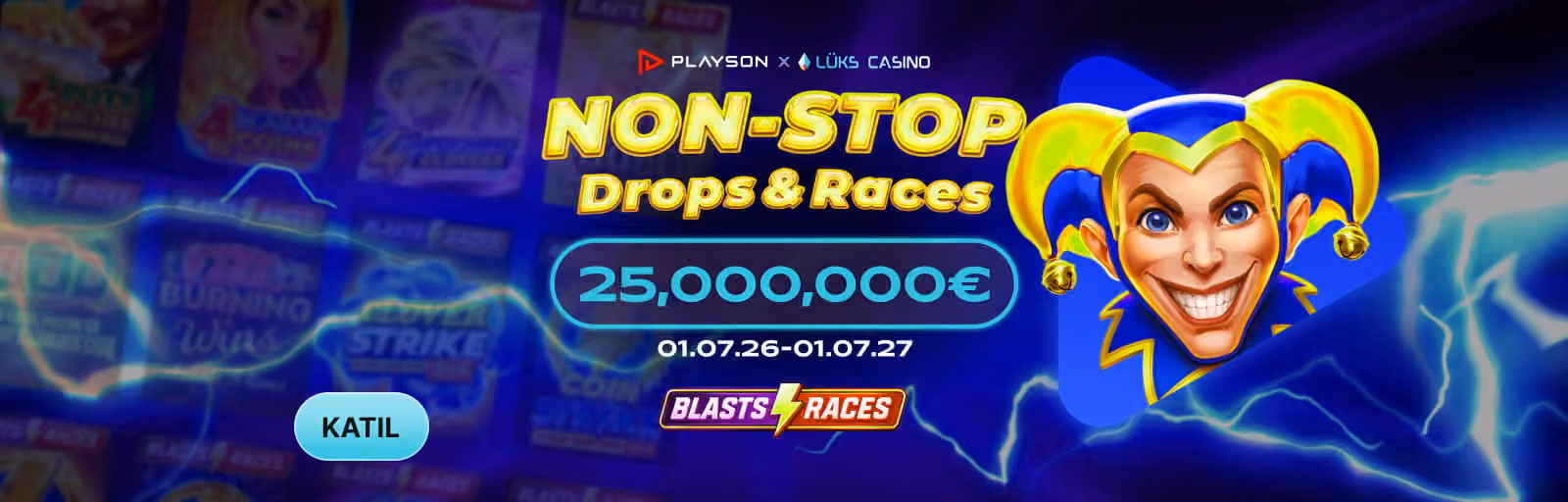 Playson Non-Stop Drops and Races afişi: gülen joker ve slot makineleri