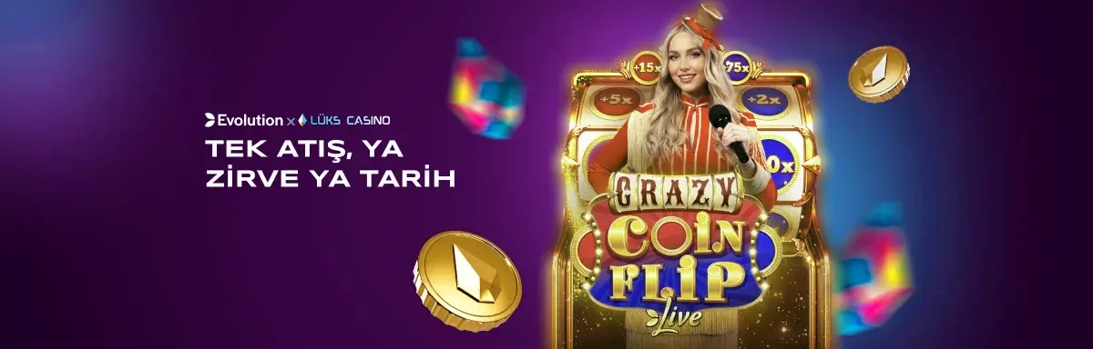 Evolution Tek Atış, Ya Zirve Ya Tarih afişi: Crazy Coin Flip makinesi ve sunucu